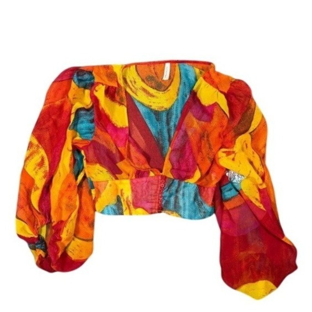 Live 4 Truth Womens Abstract Print Puff Sleeve V-Neck Crop Top Multicolor Size M
